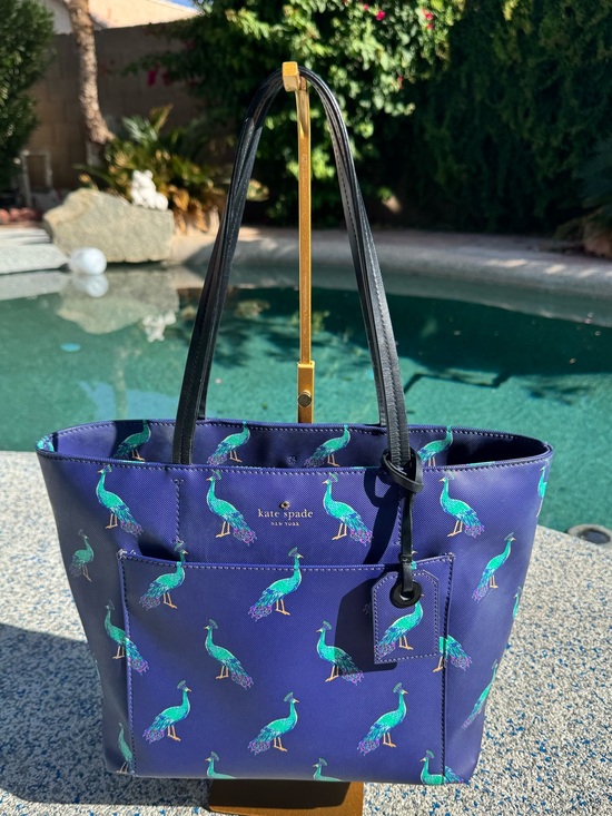 kate spade Handbags - Kate Spade Peacock Handbag - Navy Tote with Teal Peacock Print - EUC